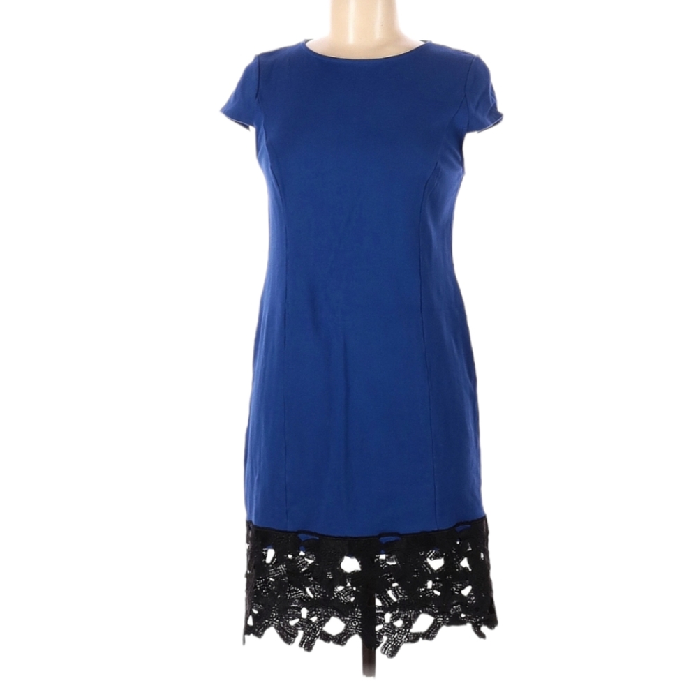 Kensie Sheath Dress Size M Blue Black Round Neck Exposed Zipper Embroidered Trim
